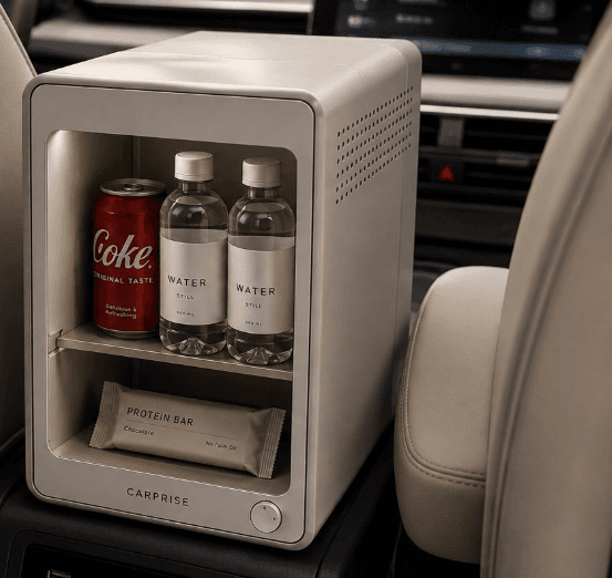 Carprise in-car module with drinks and a protein bar