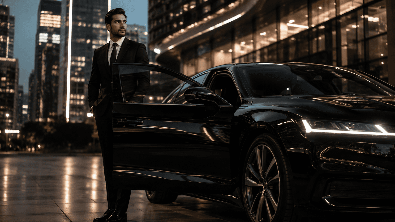 Professional driver beside a premium Carprise vehicle