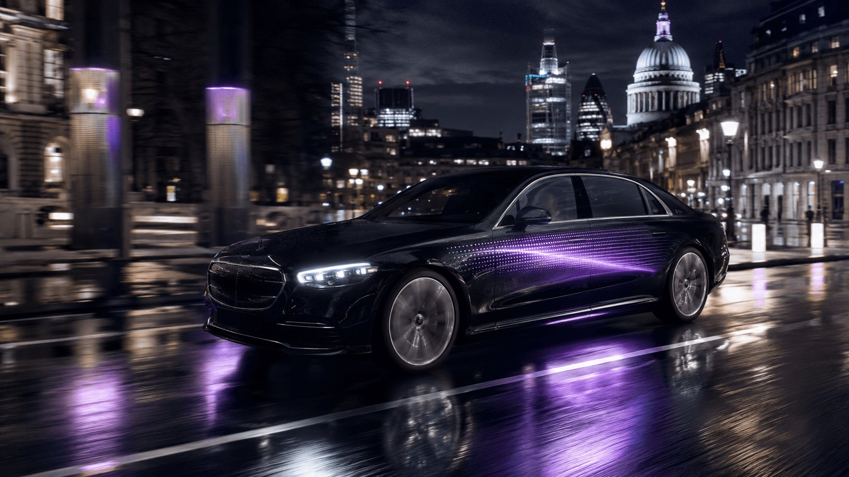 Carprise vehicle moving through London at night